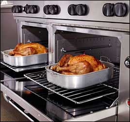 image of dual commercial/restaurant ovens with turkeys cooling in pans on the oven doors